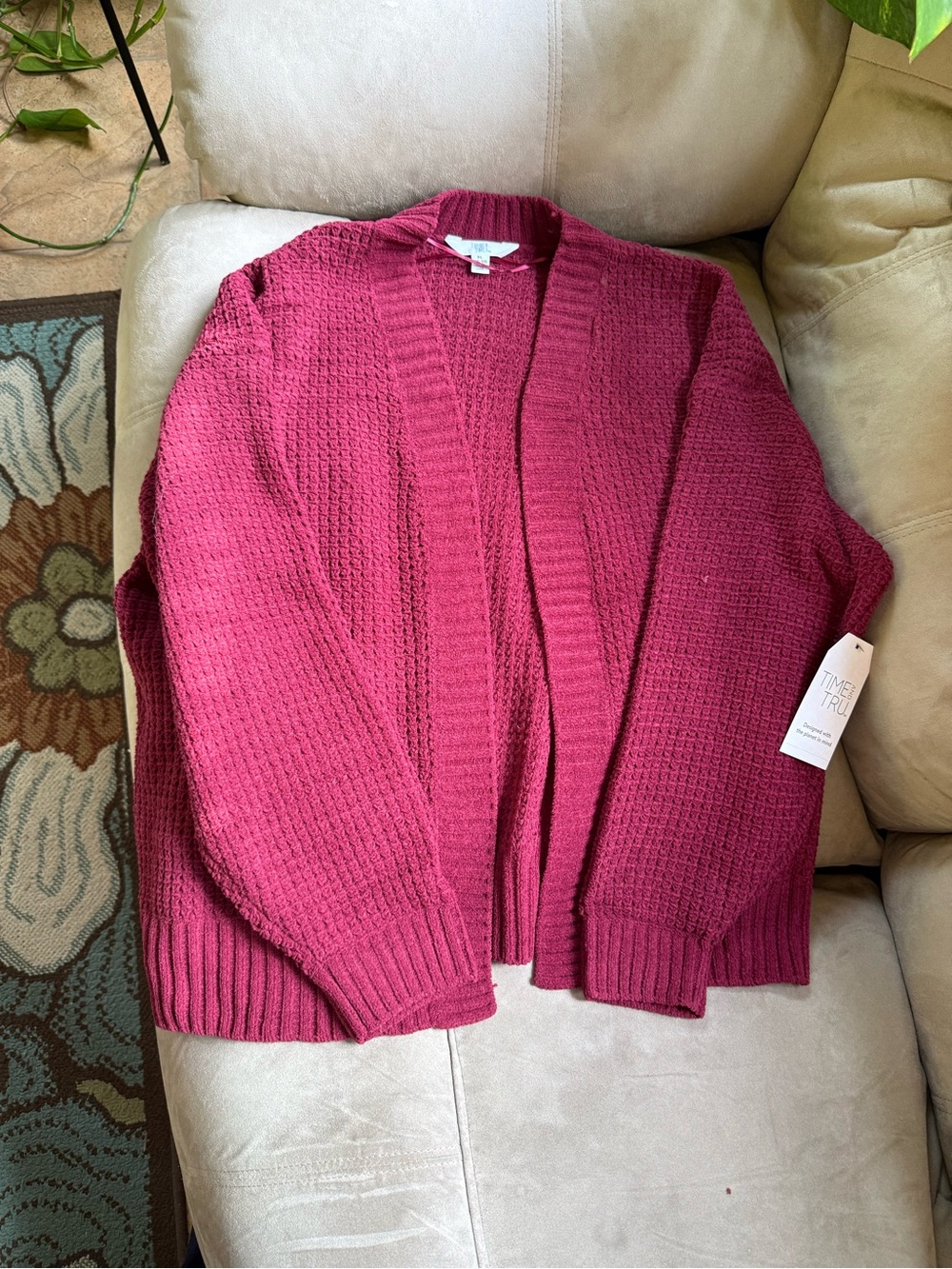 Time and Tru Open-Front Waffle Knit Cardigan - Berry Pink